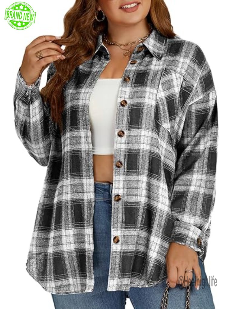 Plus Size Flannel Button Down Shirt Long Sleeve Tunic Blouse Buffalo Plaid